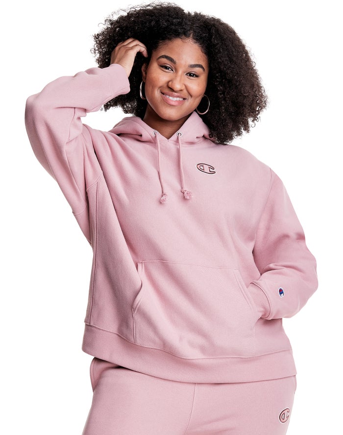 Champion Plus Reverse Weave Triple Outline Logo Kadın Kapşonlu Sweatshirt Pembe ( YIWUSH136 )